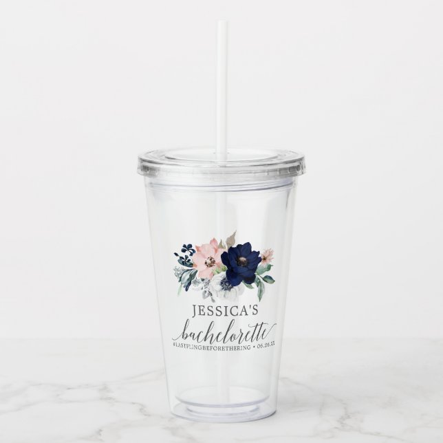 Navy Blooms Bachelorette Party Favour Tumbler (Front)