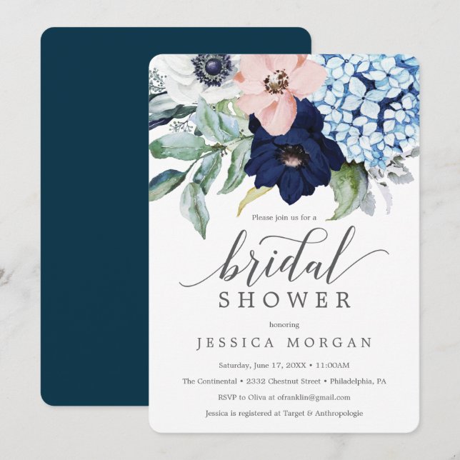 Navy Blooms Bridal Shower Invitation Card (Front/Back)