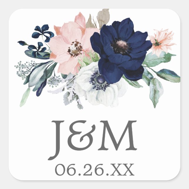 Navy Blooms Envelope Seals - Favour Stickers (Front)