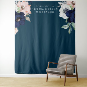 Navy Blooms Graduation Backdrop Photo Booth Tapestry