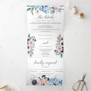 Navy Blooms Wedding Tri-Fold Invitations RSVP