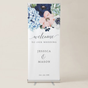Navy Blooms Wedding Welcome Banner with Stand