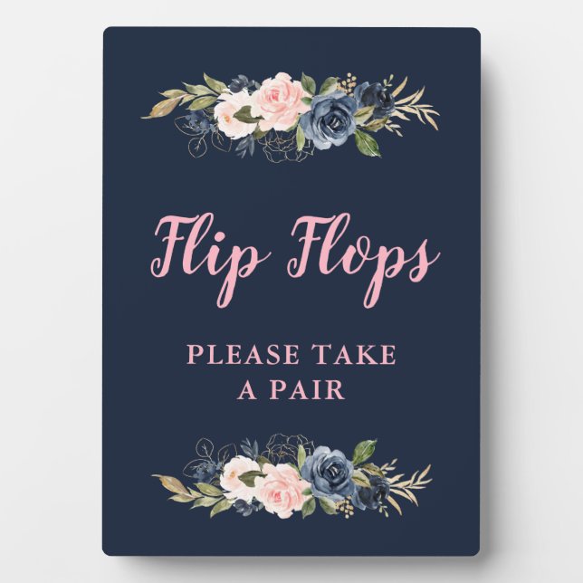 navy blossom pink flip flops wedding favors sign plaque (Front)