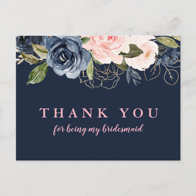Navy blossom pink floral bridesmaid thank you card (Front)