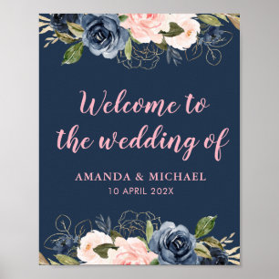 navy blossom pink wedding welcome sign