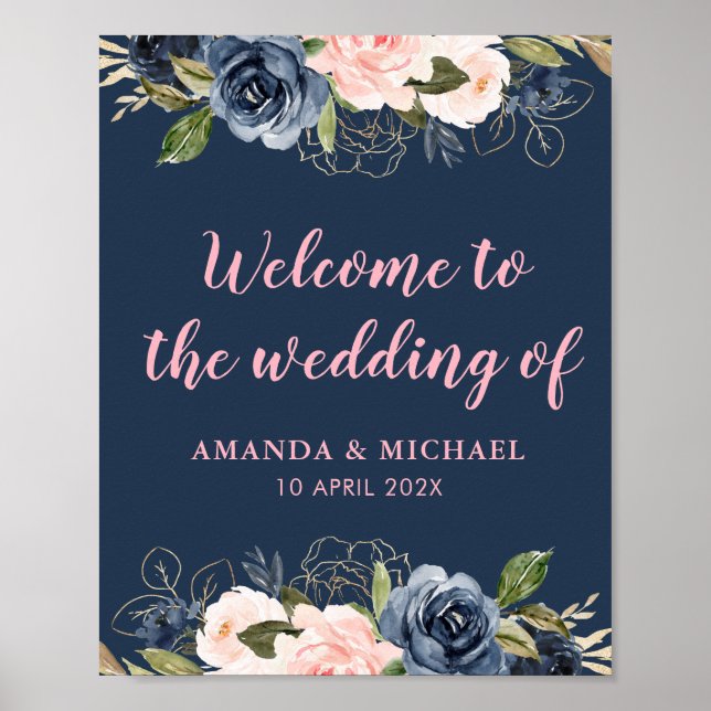 navy blossom pink wedding welcome sign (Front)