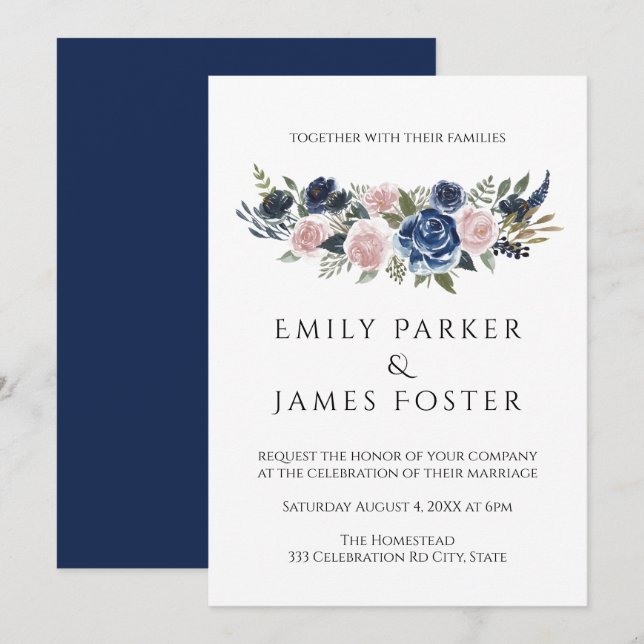 Navy Blu & Blush Floral Elegant Wedding Invitation (Front/Back)
