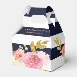 Navy Blu Blush Pink Gold Watercolor Floral Wedding Favour Box