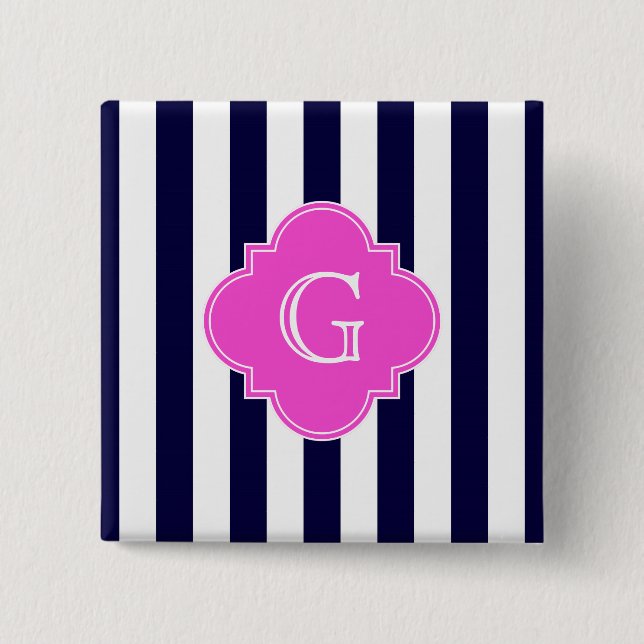 Navy Blu White Stripe Hot Pink Quatrefoil Monogram 15 Cm Square Badge (Front)