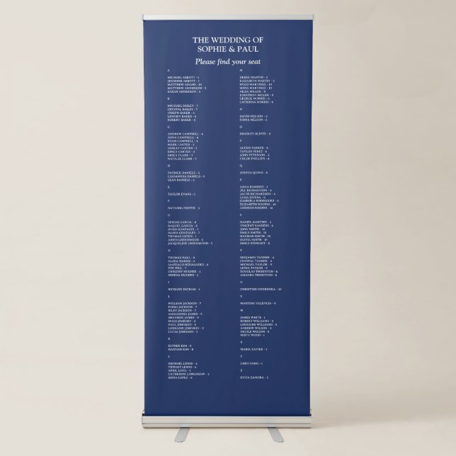 Navy Blue 100 Guest Wedding Seating Chart Retractable Banner (Front)