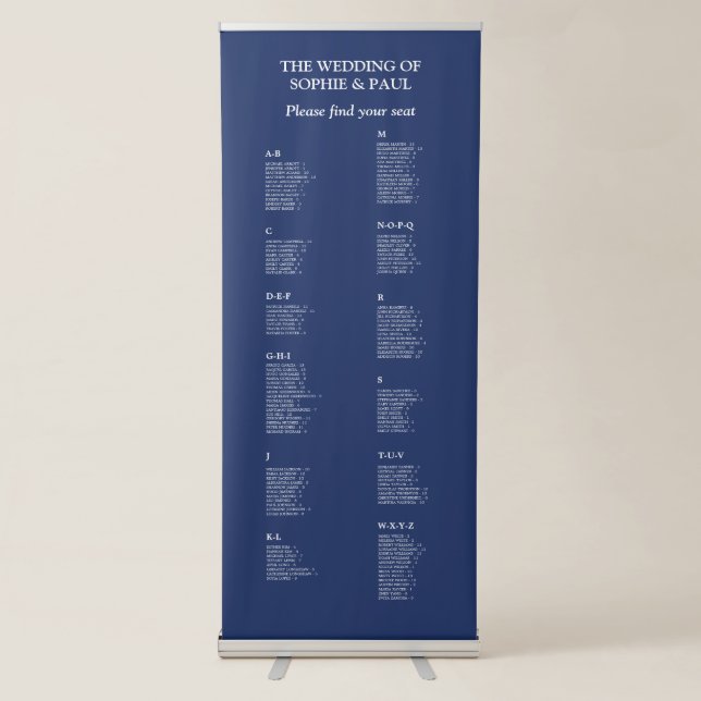 Navy Blue 130 Guest Wedding Seating Chart Retractable Banner (Front)