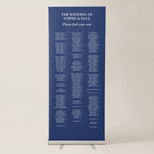 Navy Blue 200 Guest Wedding Seating Chart Retractable Banner (Front)