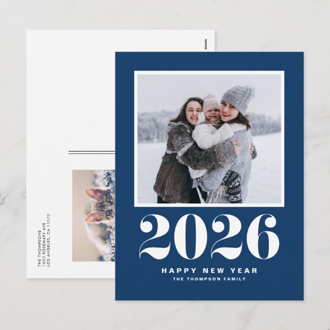 Navy Blue 2025 Bold Typography New Year Photo Holiday Postcard (Front/Back)