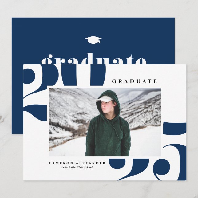 Navy Blue 2025 Bold Typography Photo Graduation Announcement (Front/Back)