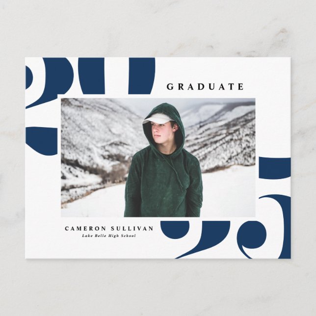 Navy Blue 2025 Bold Typography Photo Graduation Announcement Postcard (Front)