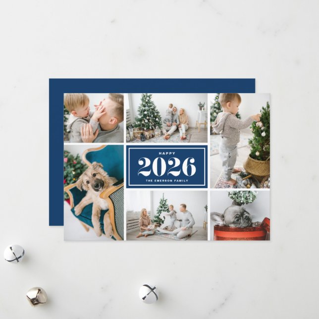Navy Blue 2025 Happy New Year Photo Collage Holiday Card (Front/Back In Situ)