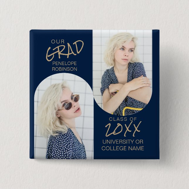 Navy Blue 2 Arched Photo Graduation 15 Cm Square Badge (Front)