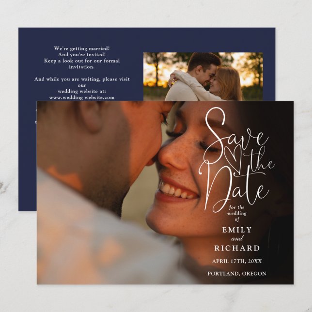 Navy Blue 2 Photo Elegant Script Wedding QR Code Save The Date (Front/Back)
