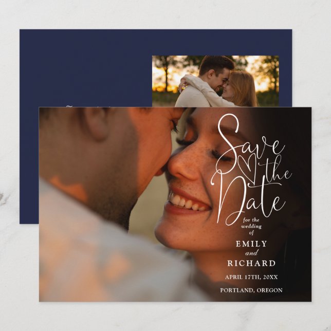 Navy Blue 2 Photo Elegant Script Wedding  Save The Date (Front/Back)