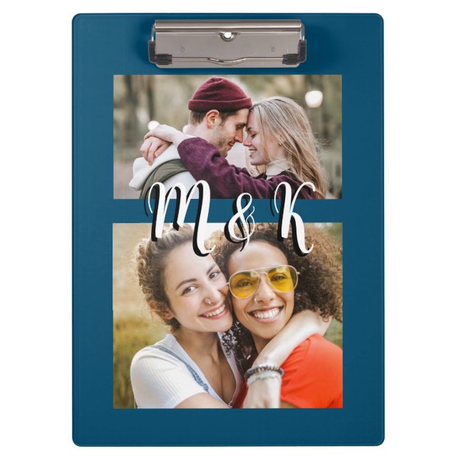 Navy Blue 2 Photos & Couple Initials Clipboard (Front)