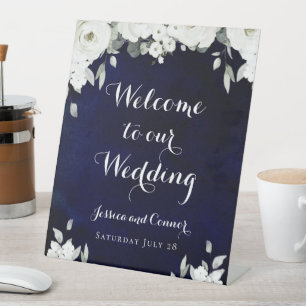 Navy Blue 2 White Peony Welcome To Our Wedding Pedestal Sign