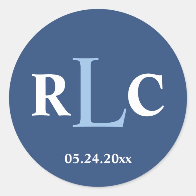 Navy blue 3 initial monogram label wedding favour (Front)