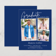 Navy Blue 3 Photo Graduation Invitation