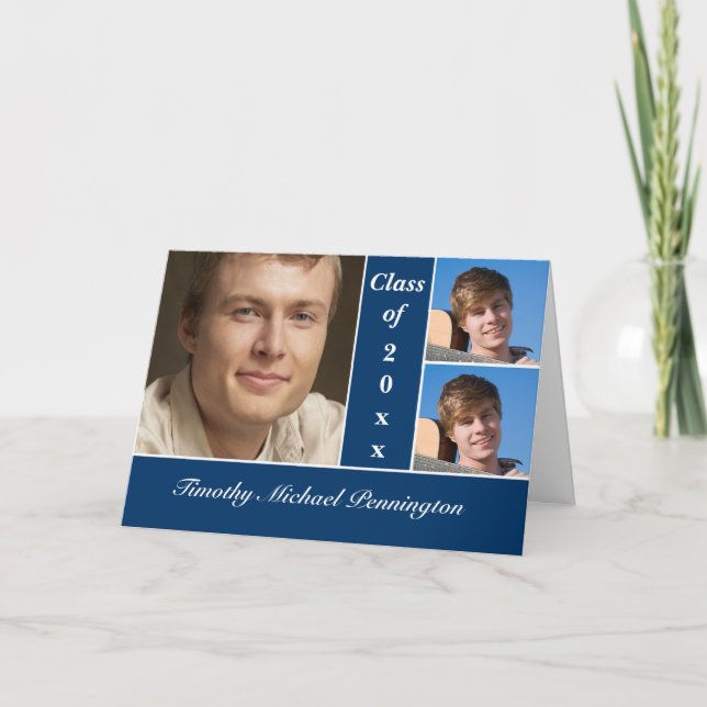 Navy blue 3 photo graduation party announcement (Front)