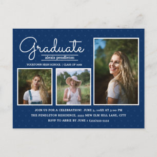 Navy Blue 3-Photo Graduation Party Postcard