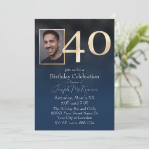 Navy Blue 40th Birthday Custom Photo Invitation