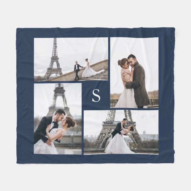 Navy Blue 4 Photo Gallery and Monogram Fleece Blanket (Front (Horizontal))
