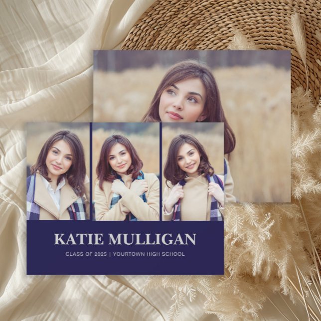 Navy Blue 4 Photo Graduation  (Navy blue graduation 4-photo announcement.)