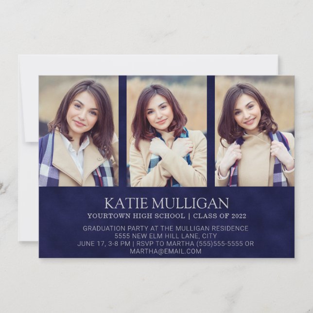 Navy Blue 4 Photo Graduation  Invitation (Front)