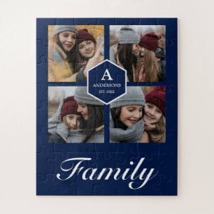 Navy Blue 4 Pictures Family Photo Collage Name Jigsaw Puzzle