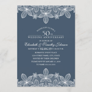 Navy Blue 50th Wedding Anniversary Elegant Lace Invitation