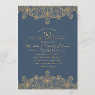 Navy Blue 50th Wedding Anniversary Golden Lace Invitation