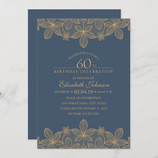Navy Blue 60th Birthday Party Unique Golden Lace Invitation (Front/Back)