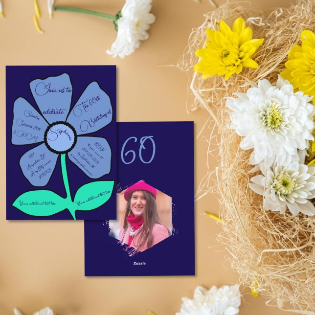 Navy Blue 60th Birthday Simple Doodle Flower Invitation (Creator Uploaded)
