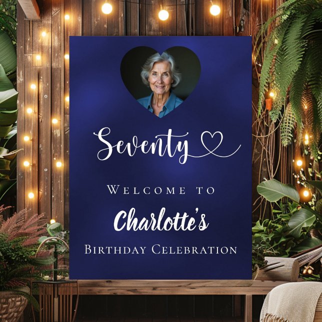 Navy blue 70th birthday party photo heart welcome poster (Creator Uploaded)