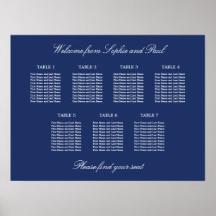 Navy Blue 7 Table Wedding Seating Chart Poster