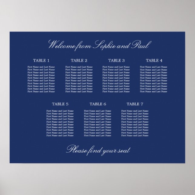Navy Blue 7 Table Wedding Seating Chart Poster (Front)