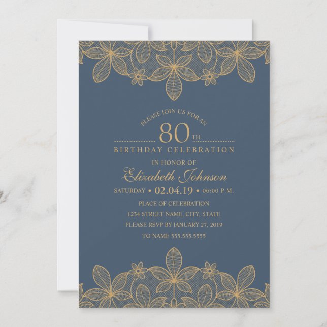 Navy Blue 80th Birthday Party Unique Golden Lace Invitation (Front)