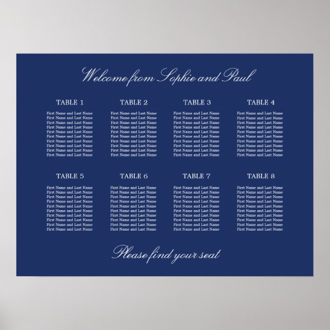 Navy Blue 8 Table Wedding Seating Chart Poster (Front)