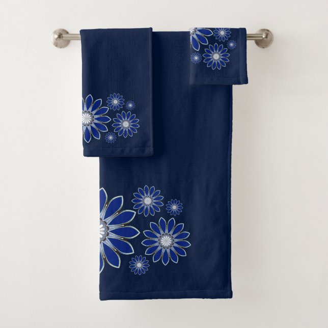 Navy Blue Abstract Floral Bath Towel Set (Insitu)