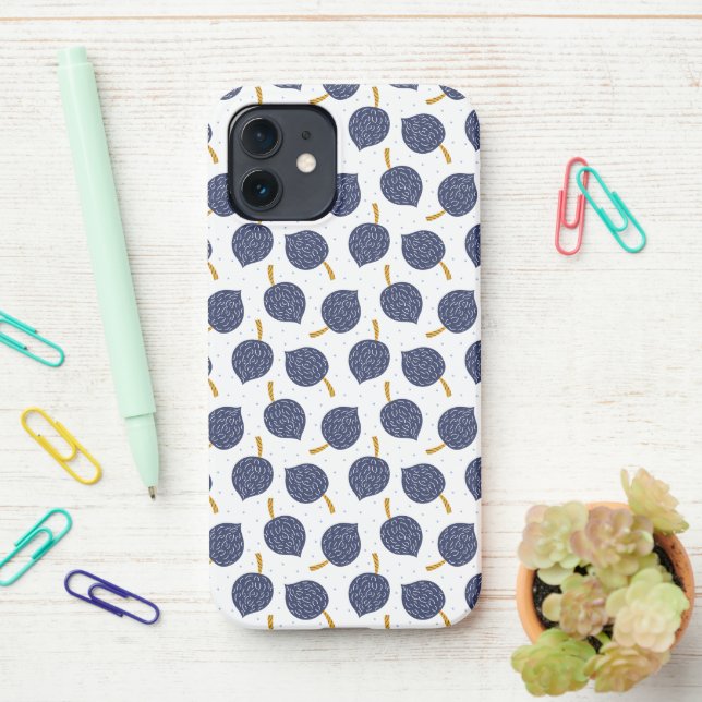Navy Blue Abstract Flying Bomb Fruit Pattern iPhone Case (On Desk)