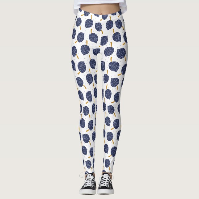 Navy Blue Abstract Flying Bomb Fruit Pattern Leggings (Front)
