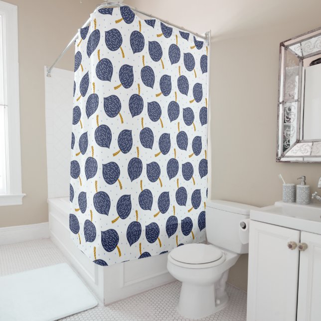 Navy Blue Abstract Flying Bomb Fruit Pattern Shower Curtain (In Situ)