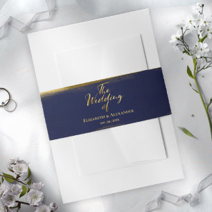 Navy Blue Abstract Watercolor Gilded Wedding Invitation Belly Band