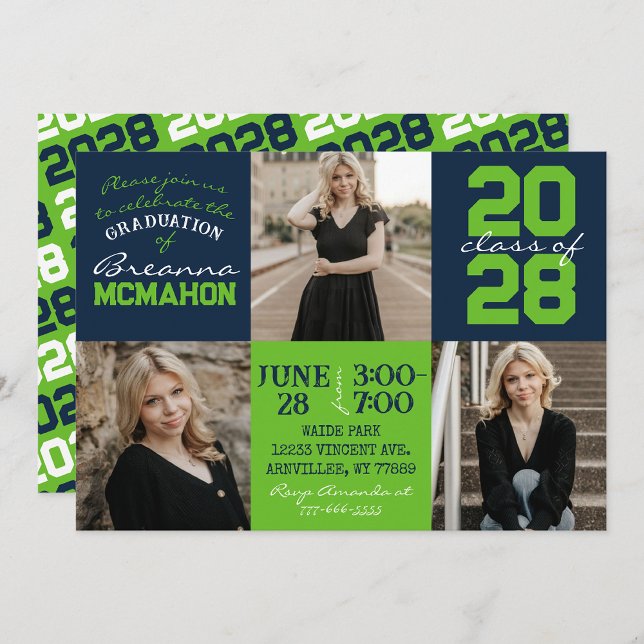 Navy Blue & Action Green 3 Photo Graduation Invitation (Creator Uploaded)