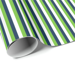 Navy Blue, Action Green, White Vertical Stripe Wrapping Paper